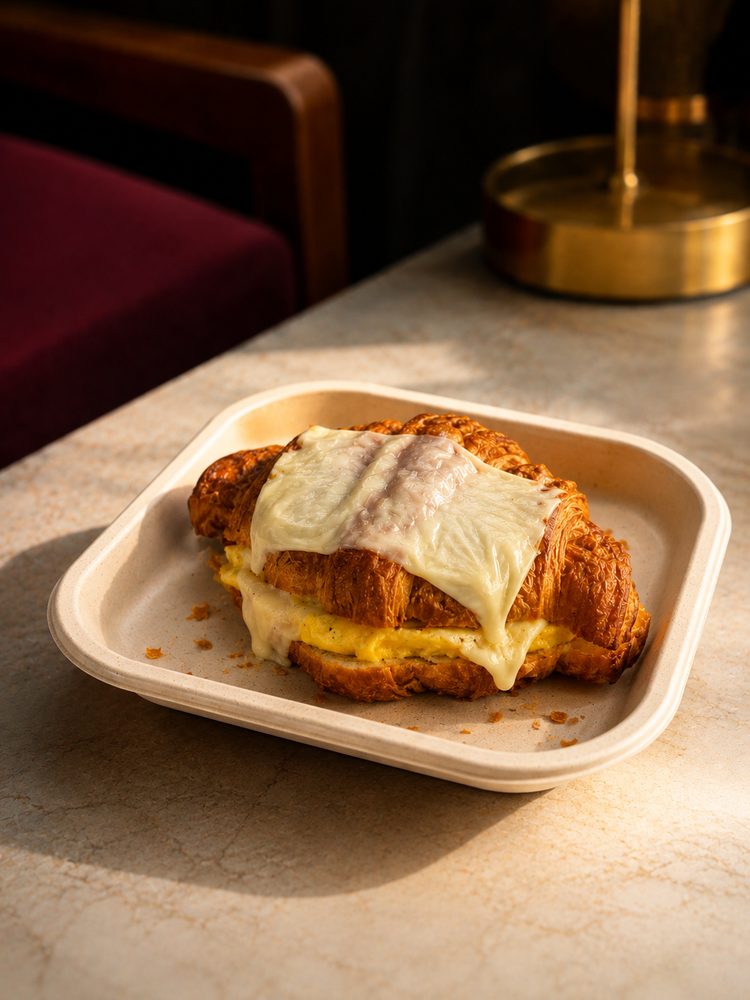 Egg and cheese croissant on a table